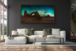 Ancient Skies panoramic artwork displayed in a dark living room