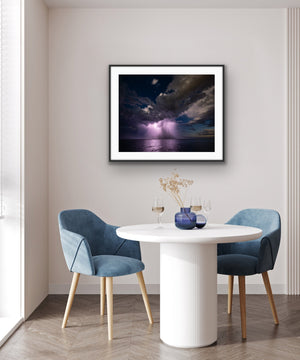 Coastal Storm framed in a light dining interior