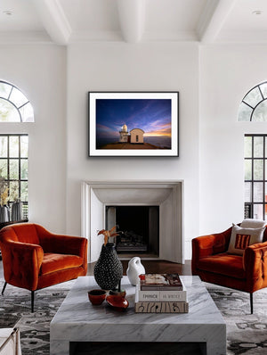 Last Light framed above a fireplace in an elegant contemporary living room